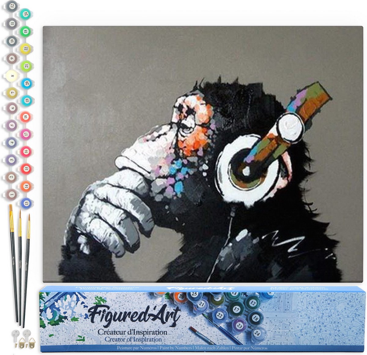 FiguredArt Schilderen op Nummer Volwassenen canvas Aap met koptelefoon op - Handwerk acrylverf Kit DIY Compleet - 40x50cm zonder frame